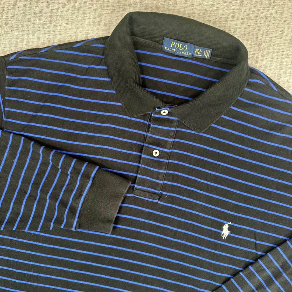 Polo Ralph Lauren Polo Shirt Mens 2XLT Black‎ Blue Striped Long Sleeve Cotton